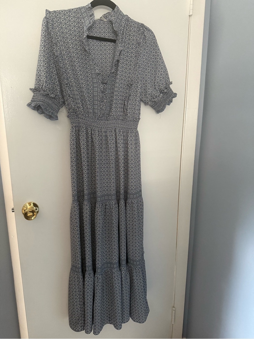 Max Studio Blue Patterned Smocked Waist Tiered Maxi Dress